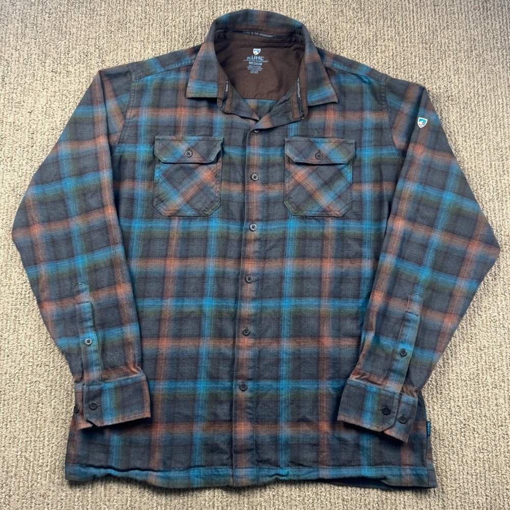 Kuhl Mens Medium Plaid Flannel Shirt Blue Brown Cotton Tencel Long Sleeve